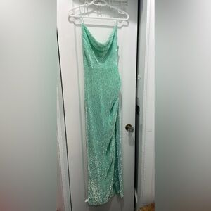 Retrofete dress, sequin, mint colour, high slit, worn once, size xs